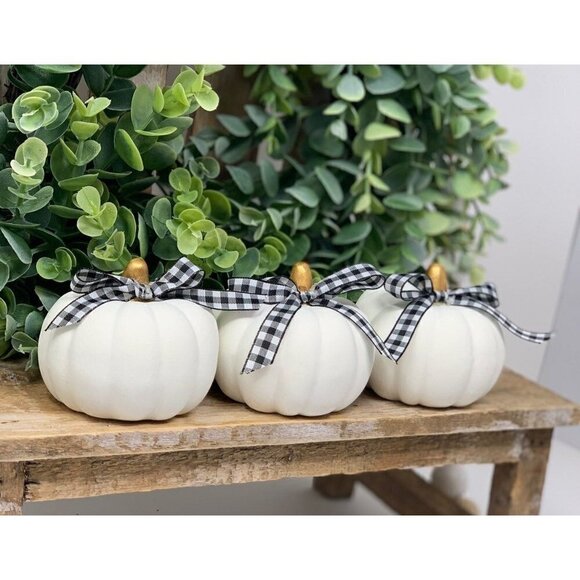 Farmhouse Mini Pumpkins Set 3 Ceramic Hand Painted Tied Buffalo Check Bow Ribbon - Picture 1 of 6